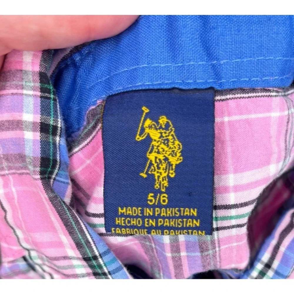 Polo Ralph Lauren Kids Boys‎ Poplin Short Sleeve Shirt Size 5/6 Pink Blue